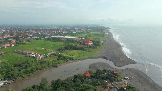 Ayung River And Empty Sanur Beaches Bali Island Indonesia Drone High Angle 4K 60FPS