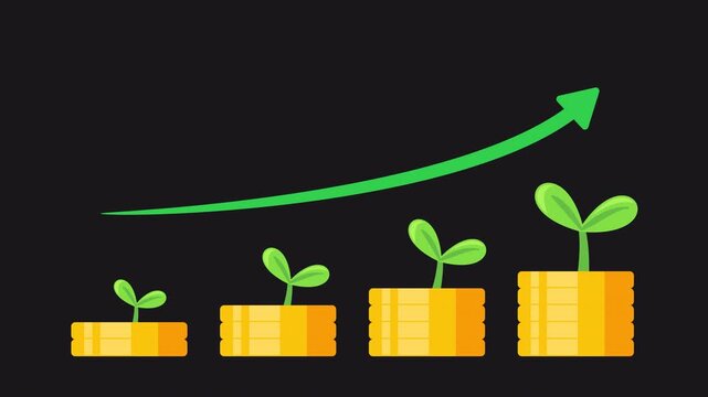 Coin Stack Growing with Plant and Rising Uptrend Green Arrow. Financial Growth Animation. Alpha Channel 4K