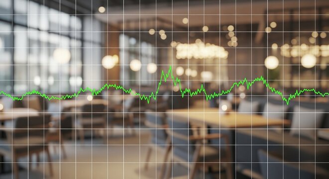 Blurred Restaurant Interior with Financial Stock Chart Overlay and Gridlines, Illustrating Business
