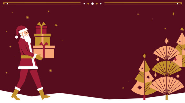 Santa claus carrying a stack of christmas gift boxes with stylized trees on a dark ground