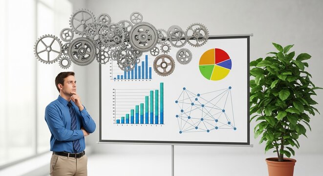 Business Analyst Pondering Over Financial Charts and Data Visualization on a Projection Screen