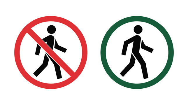 Pedestrian Access Allowed and Prohibited. Two circular signs display pedestrian symbols: one with a red prohibition circle and line indicating 'no walking'.