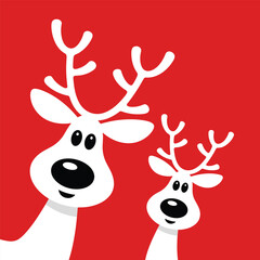 Christmas Reindeer Duo. Two charming white reindeer with wide eyes and impressive antlers are depicted against a vibrant red background, embodying the festive spirit of the holiday season. © Joba Vector Studio