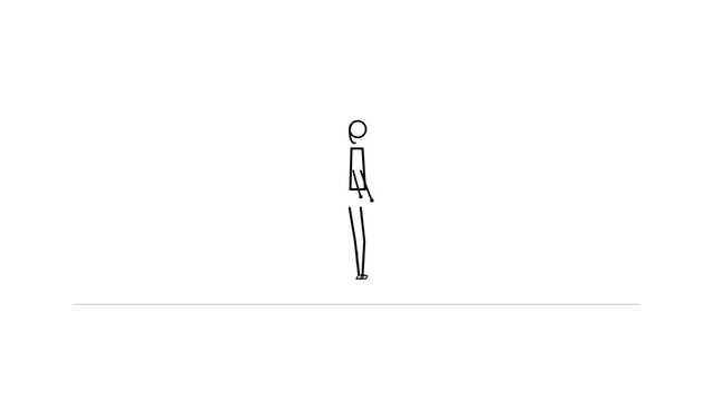 Minimalist stick figure walking animation on a white background.