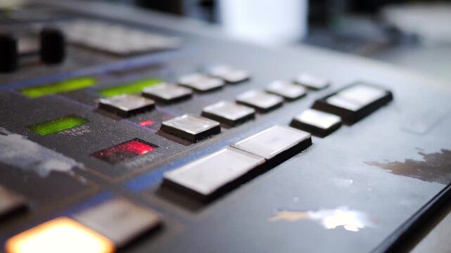 Close up of a television studio operator working on a professional broadcast control console during a live TV production