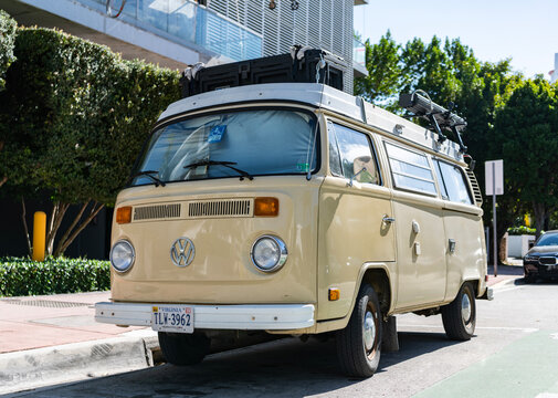 Miami, Florida, USA - December 06, 2025: Classic Volkswagen T2 pickup van 1979. Retro pickup van car Volkswagen T2. Car Volkswagen T2 parked outdoor. Beige car, corner view