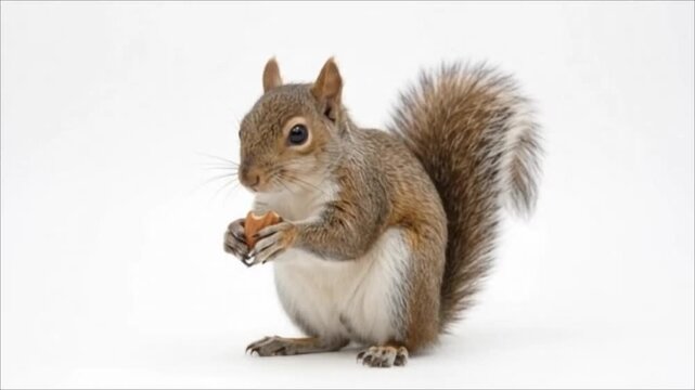 A cute gray squirrel eating a nut isolated on white background.