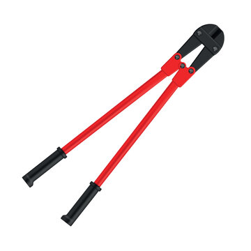 Illustration of a bolt cutter with long red handles and a black cutting head, for cutting metal and other hard materials.