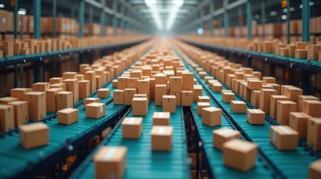 Cientos de paquetes peque&ntilde;os que llegan a trav&eacute;s de cintas transportadoras independientes y convergen en un sistema log&iacute;stico central