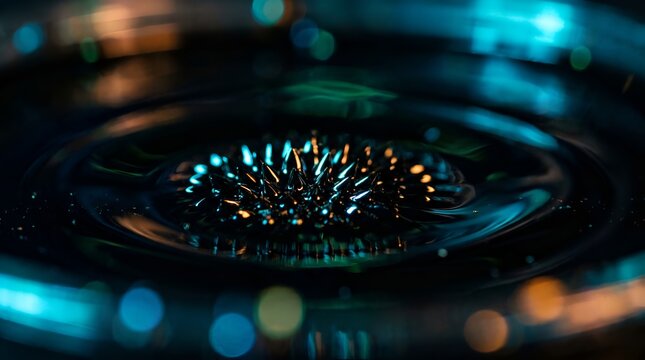 Macro close up of reactive black ferrofluid with spikes, science, fluid, magnetic, liquid, experimental