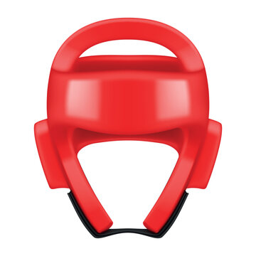 A red protective martial arts helmet on a white background, designed to ensure safety during sparring.