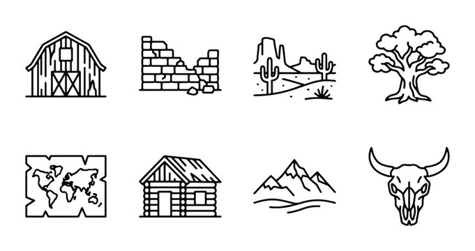 Western Countryside Icons: Barn, Ruins, Desert Landscape, Tree, Map, Cabin, Mountains, Skull