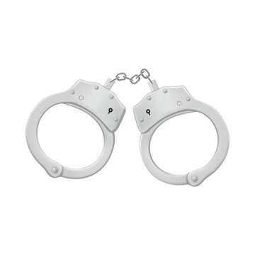 An illustration of silver metal handcuffs, representing law enforcement tools used in detention and arrest.