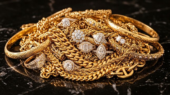 Lavish glittering pile of ornate gold jewelry, heavy chains, bangles and diamond rings on dark polished marble, luxury jewelry macro photo.