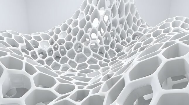 White abstract honeycomb pattern creates a complex organic geometric landscape with intricate cell structures.