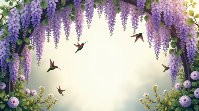 Fondo de arco de jard&iacute;n primaveral con flores de glicinia, enredaderas frescas, colibr&iacute;es y follaje delicado