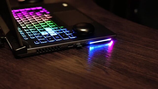 Laptop with colorful keyboard backlight placed on wooden desk, side view with glowing light strip, modern technology concept. Laptop represents gaming setup, digital lifestyle and stylish workspace