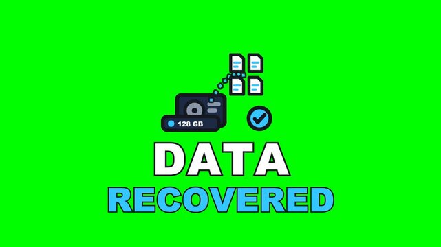 4K green screen DATA RECOVERED animated text - the fragments streaming back into whole files, kinetic typography phone repair overlay for tech shop content and social media, chroma key
