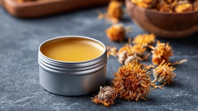 Herbal balm in tin with dried calendula flowers for natural skincare