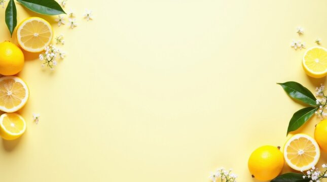 Dise&ntilde;o de esquina veraniego y luminoso con motivos c&iacute;tricos: limones, naranjas y hojas verdes