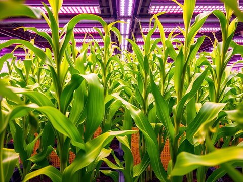 Hybrid corn plants thriving under LED grow lights, biotechnology innovation, photosynthesis