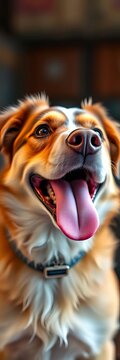 Energetic dog gazes ahead with joyful expression, tongue lolling out of mouth, face, ||canine