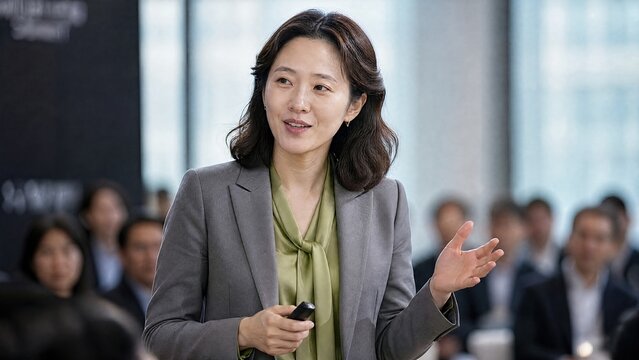 Generative AI, Asian businesswoman giving a presentation with a clicker in a modern office seminar