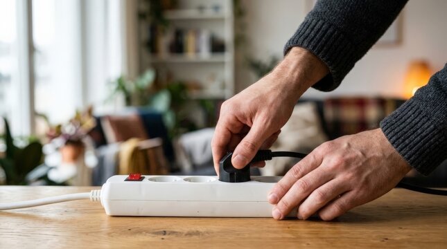A person sitting at a wooden table holds a black plug, getting ready to keep the power strip unplugged in a warmly lit indoor living room setting with a blurry background