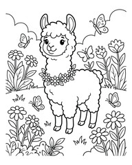 Fototapeta premium Cute llama with flowers and butterflies coloring page