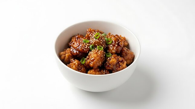 Bowl of delicious cooked beef cubes with sesame seeds and fresh green onions for healthy dinner. general tso chicken