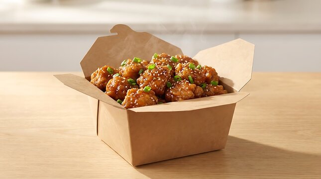 Delicious chocolate chip cookies with colorful candy pieces inside a simple brown paper takeaway box. general tso chicken