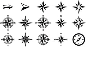 Compass rose silhouette icons set featuring windrose star pointers navigation symbols arrow directions for cartography map and travel design (17 words) © MSTLIPI