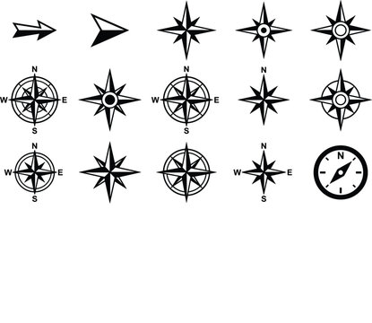 Compass rose silhouette icons set featuring windrose star pointers navigation symbols arrow directions for cartography map and travel design (17 words)