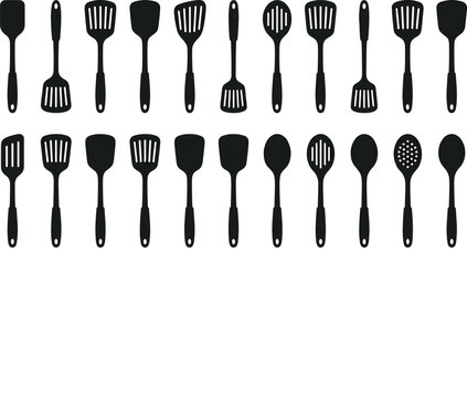 Kitchen spatula and cooking spoon silhouette collection featuring plastic steel slotted turners utensils for restaurant culinary design (16 words)