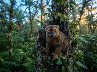 Fototapeta premium Lemur peering out from a hollow in a mossy tree trunk in a lush forest