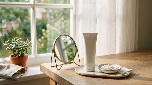 Skin care cream tube with small mirror and green plant on a wooden table by a bright window light. SPF application guide