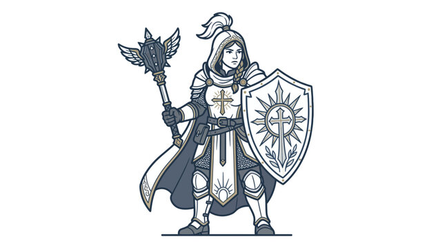 Illustration of a medieval paladin warrior with mace and shield.