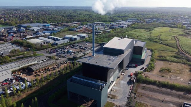 Birds eye aerial view looking straight down on modern waste to power recovery plant in Lincoln