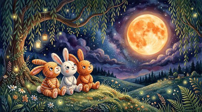 Celebrating the mid autumn festival with adorable rabbits under a radiant full moon a time for family and togetherness