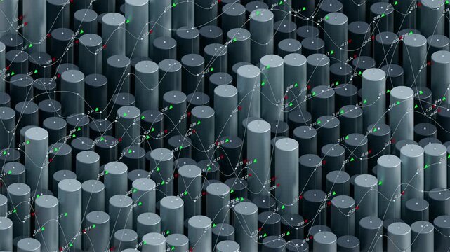 4k loop of abstract 3D financial infographic with rising cylindrical bar chart columns, stock market trend lines, and trading data indicators. Corporate big data analytics technology background.