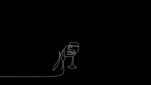 One line drawing animation of a woman holding a wine glass - black background