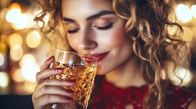 Woman enjoying a drink in a festive setting