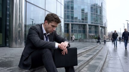 Obraz premium A dejected businessman sits on cold office steps, contemplating career setbacks and the weight of professional challenges in a competitive corporate world