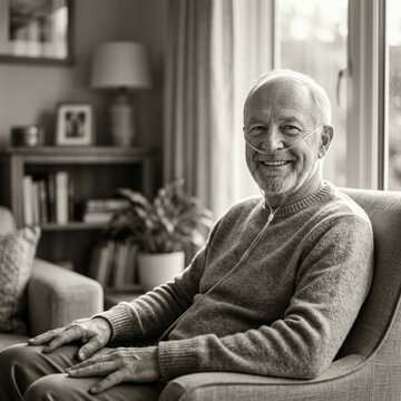 Elderly man seated in an armchair with nasal oxygen tubing in a calm quiet moment