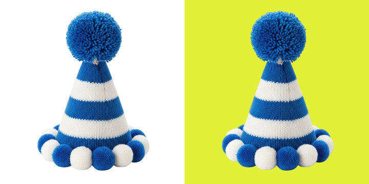 Blue and white striped knit party hat with pom poms