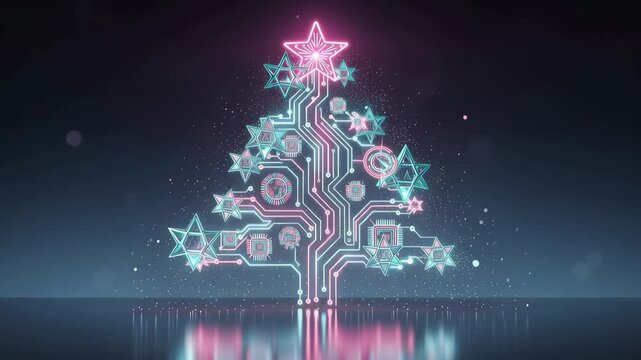 Glowing tech-inspired Christmas tree with vibrant circuits holiday lights festive digital decoration