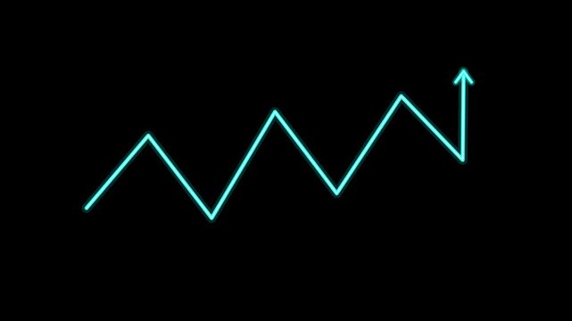 Glowing turquoise zigzag financial line graph trending upwards against a stark black background