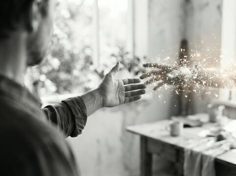 Person at a window with a digital spark effect trailing from their fingertips