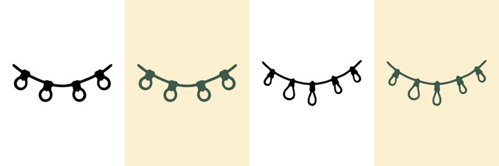 Naklejka premium String Lights Hand Drawn Doodle Icon Set. Decorative Hanging Lights Sketch Symbol Collection. Home Decor And Party Decoration. Isolated Vector Illustration