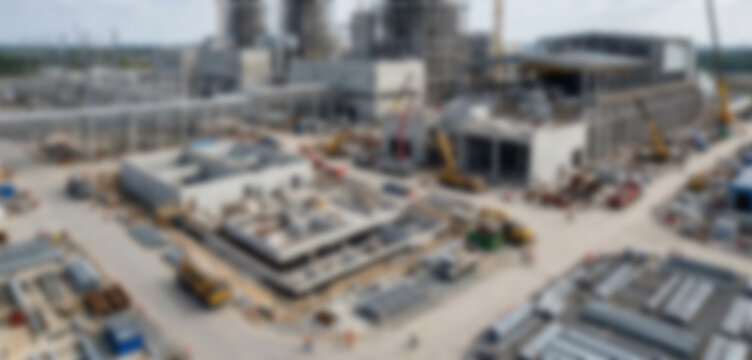 An industrial construction site under development, showcasing various structures, machinery, and materials contributing to the ongoing project.